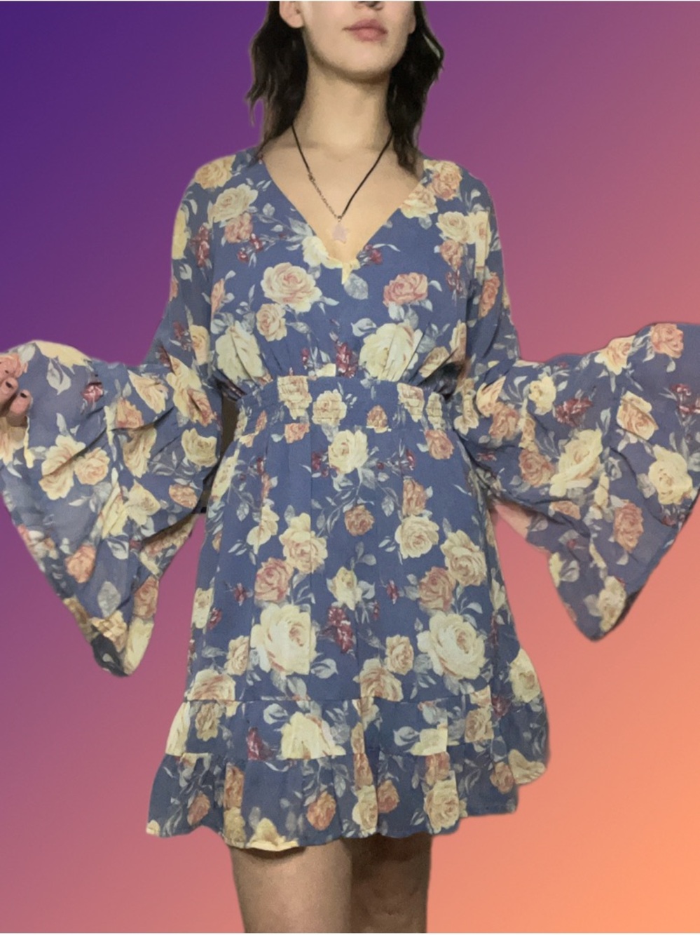 Forever 21 Blue Floral V-Neck Mini Dress with Bell Sleeves